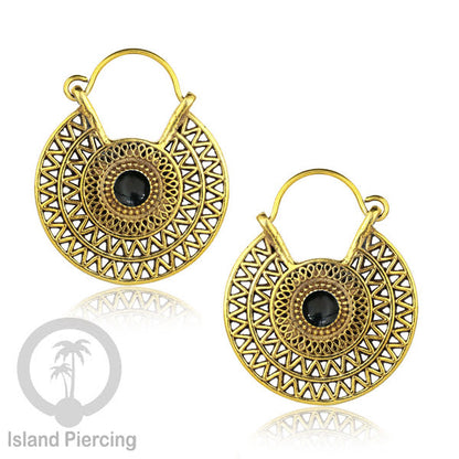 Anting kuningan dengan batu turquoise atau batu onyx hitam, Brass Earring with Stone