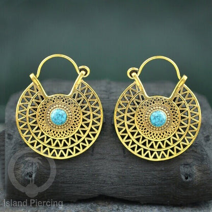 Anting kuningan dengan batu turquoise atau batu onyx hitam, Brass Earring with Stone