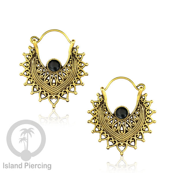 Anting kuningan dengan batu turquoise atau batu onyx hitam, Brass Earring with Stone