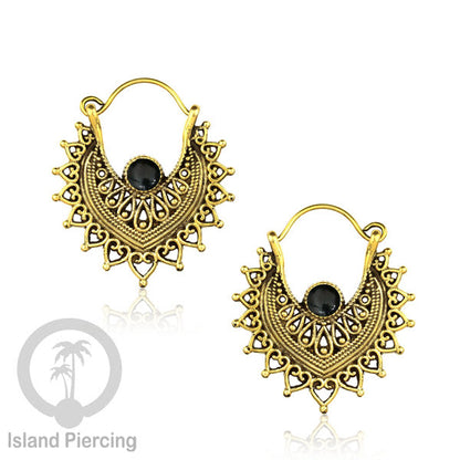 Anting kuningan dengan batu turquoise atau batu onyx hitam, Brass Earring with Stone