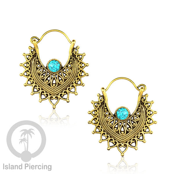Anting kuningan dengan batu turquoise atau batu onyx hitam, Brass Earring with Stone