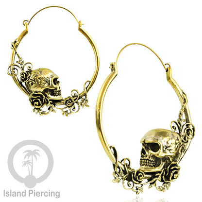Anting Kuningan Tengkorak dengan Mawar selera Gotik, Gothic Skull Brass Earring