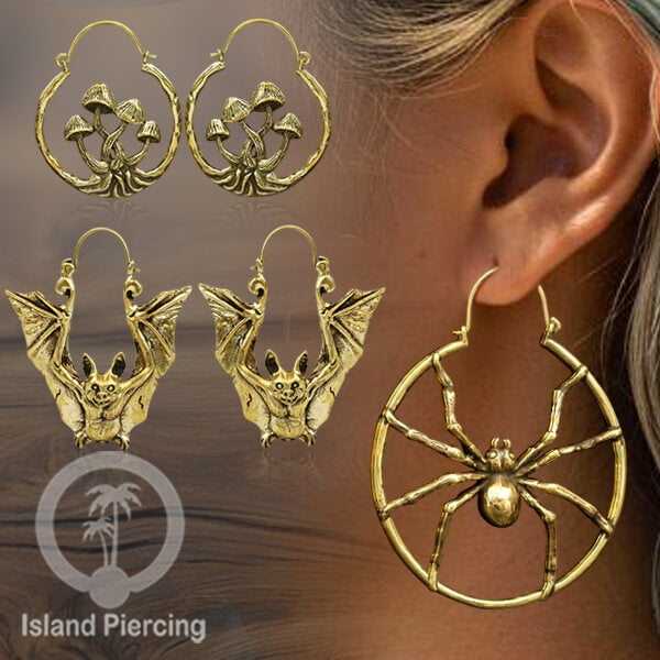 Anting Kuningan , Brass Earring, motif Kelelawar, Laba-laba dan Jamur