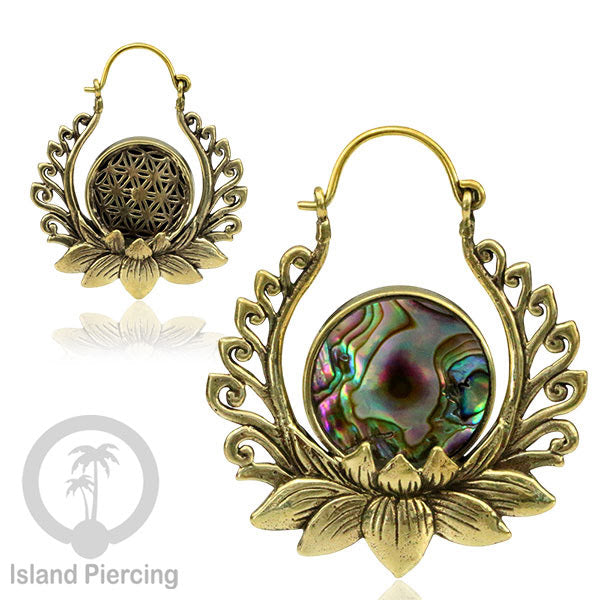 Anting kuning besar dengan motif teratai dengan Kerang Paua asli dan Motif Gothic Brass Earring