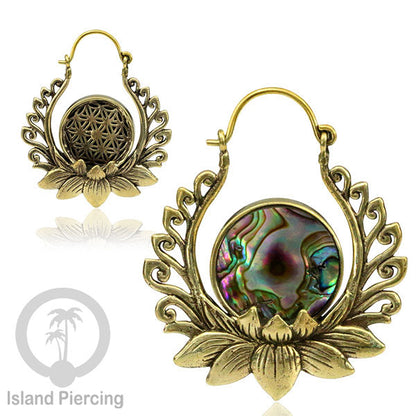 Anting kuning besar dengan motif teratai dengan Kerang Paua asli dan Motif Gothic Brass Earring