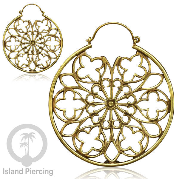 Anting kuning besar dengan motif teratai dengan Kerang Paua asli dan Motif Gothic Brass Earring