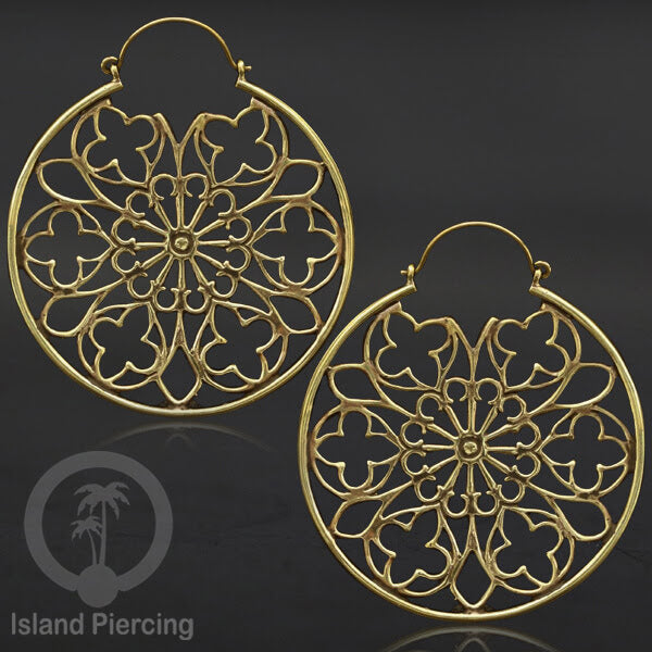Anting kuning besar dengan motif teratai dengan Kerang Paua asli dan Motif Gothic Brass Earring