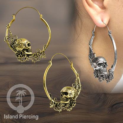 Anting Kuningan Tengkorak dengan Mawar selera Gotik, Gothic Skull Brass Earring