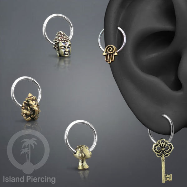 Tindik Stainless Piercing BCR dengan Liontin Kuningan Buddha, Ganesh, Kunci dan Jamur