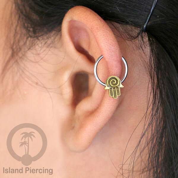 Tindik Stainless Piercing BCR dengan Liontin Kuningan Buddha, Ganesh, Kunci dan Jamur