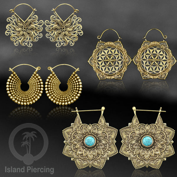 Anting kuningan gaya Maya, anting kuningan mandala, dan anting kuningan motif bali.