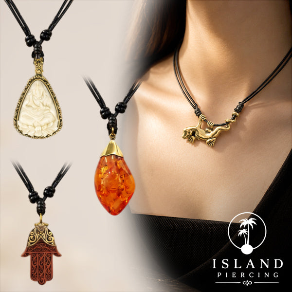 Kalung Liontin Kuningan Brass Pendant Necklace Buddha Gecko Amber Fatima Hand