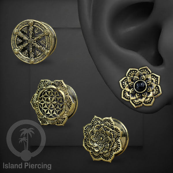 Brass Ear-plug Tindik plug kuningan telinga lubang besar ukuran 8-16mm model Mandala