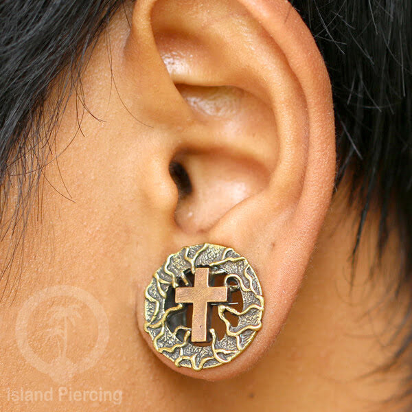 Brass Ear-plug model Tindik Kuningan plug Gothic motif Tengkorak, Salip, Pentagram &amp; Ular