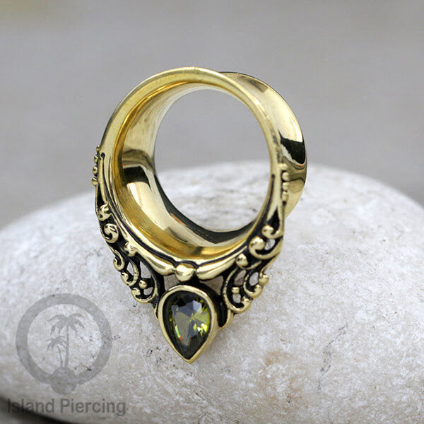 Brass Ear-plug Tindik Plug kuningan dengan batu zirconia dan kerang Abalone ukuran 8-25mm