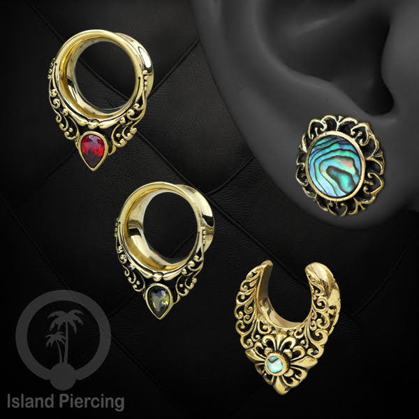 Brass Ear-plug Tindik Plug kuningan dengan batu zirconia dan kerang Abalone ukuran 8-25mm