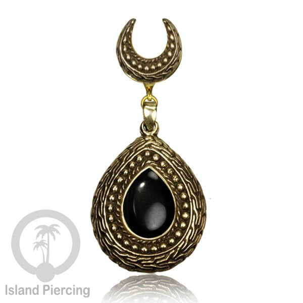 Brass Ear-Saddle Tindik Plug Kuningan pakai Liontin tetes dengan Batu besar.