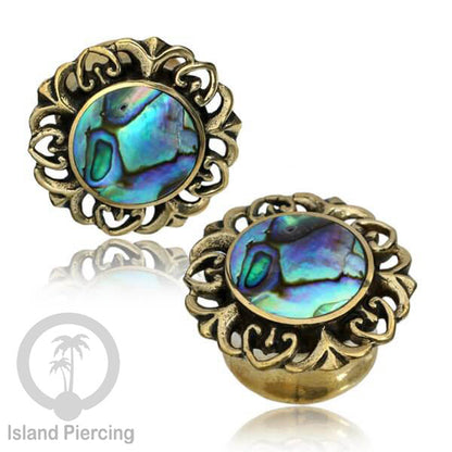 Brass Ear-plug Tindik Plug kuningan dengan batu zirconia dan kerang Abalone ukuran 8-25mm