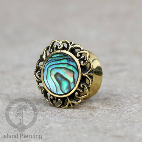 Brass Ear-plug Tindik Plug kuningan dengan batu zirconia dan kerang Abalone ukuran 8-25mm