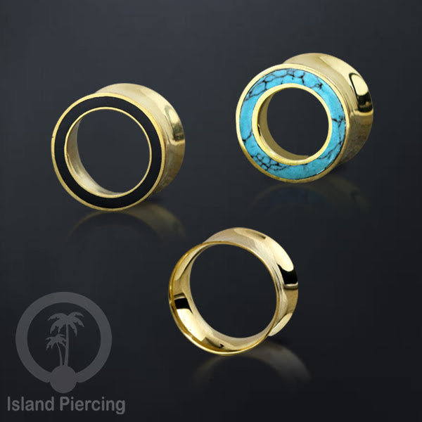 Brass Ear-Tunnel Tindik Plug kuningan polos dan dengan epoxy Hitam dan Turquoise ukuran 8-25mm