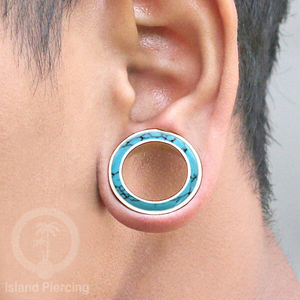 Brass Ear-Tunnel Tindik Plug kuningan polos dan dengan epoxy Hitam dan Turquoise ukuran 8-25mm