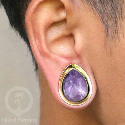 Brass Ear Plug model Tetes Tindik Plug kuningan dengan Batu dan Kerang asli ukuran 12-25mm
