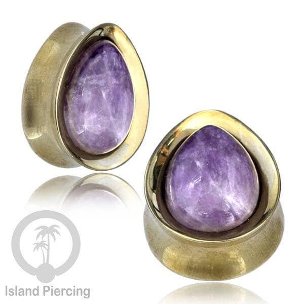 Brass Ear Plug model Tetes Tindik Plug kuningan dengan Batu dan Kerang asli ukuran 12-25mm