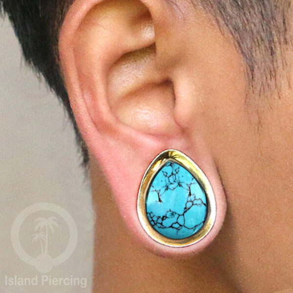 Brass Ear Plug model Tetes Tindik Plug kuningan dengan Batu dan Kerang asli ukuran 12-25mm