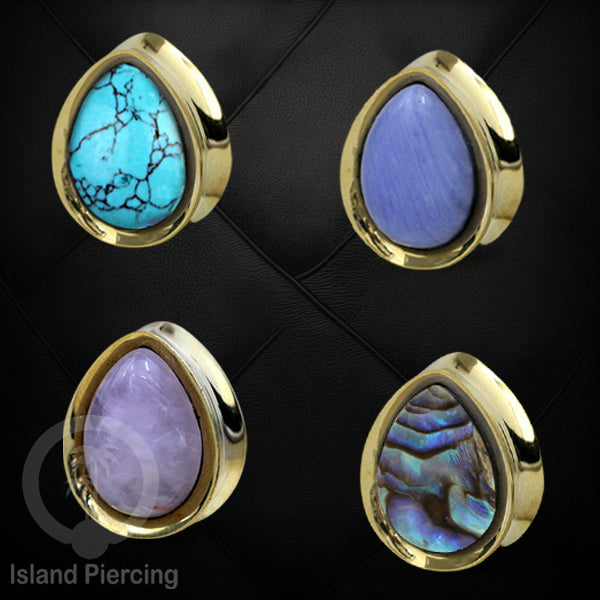 Brass Ear Plug model Tetes Tindik Plug kuningan dengan Batu dan Kerang asli ukuran 12-25mm