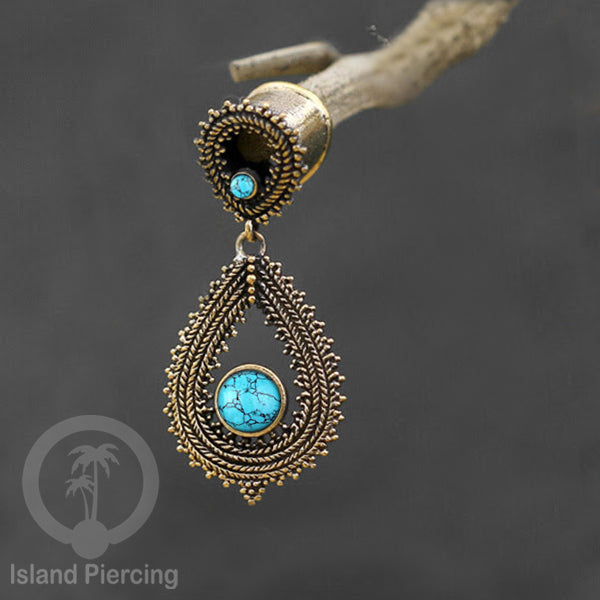 Brass Ear-Saddle Tindik Plug Kuningan pakai Liontin tetes dengan Batu besar.