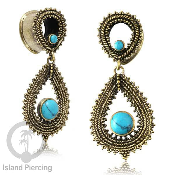 Brass Ear-Saddle Tindik Plug Kuningan pakai Liontin tetes dengan Batu besar.