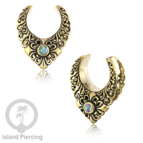 Brass Ear-plug Tindik Plug kuningan dengan batu zirconia dan kerang Abalone ukuran 8-25mm