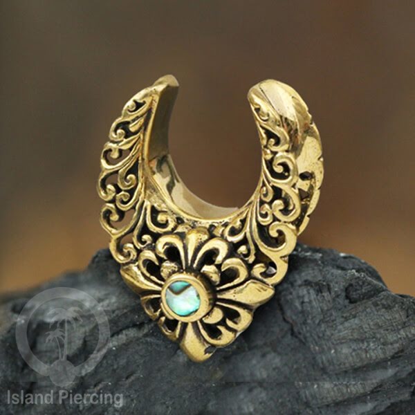 Brass Ear-plug Tindik Plug kuningan dengan batu zirconia dan kerang Abalone ukuran 8-25mm