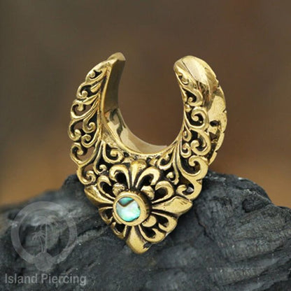 Brass Ear-plug Tindik Plug kuningan dengan batu zirconia dan kerang Abalone ukuran 8-25mm