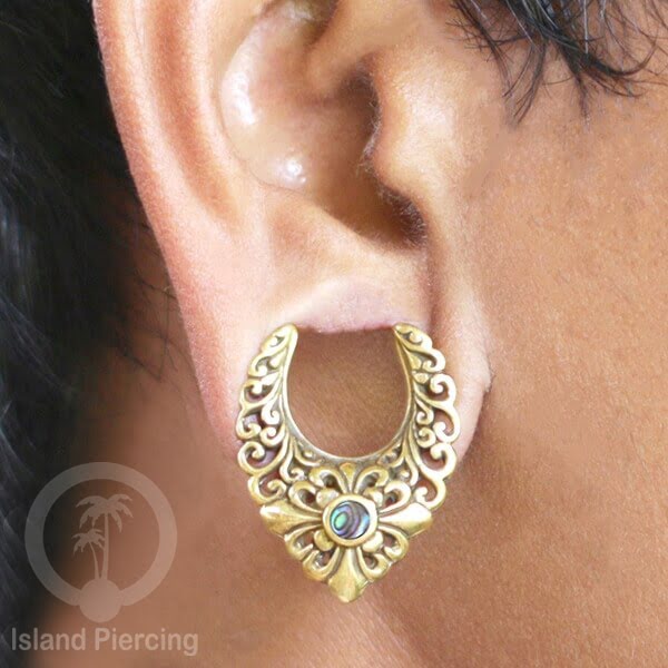 Brass Ear-plug Tindik Plug kuningan dengan batu zirconia dan kerang Abalone ukuran 8-25mm