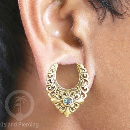 Brass Ear-plug Tindik Plug kuningan dengan batu zirconia dan kerang Abalone ukuran 8-25mm