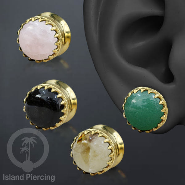 Brass Ear-Plug Tindik Anting kuningan besar dengan batu asli banyak pilihan ukuran 6-20mm