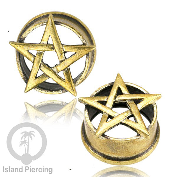 Brass Ear-plug model Tindik Kuningan plug Gothic motif Tengkorak, Salip, Pentagram &amp; Ular