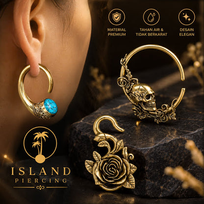 Perhiasan Tindik Kuningan Tengkorak Mawar dan Batu Brass Body Piercing Ear-weight