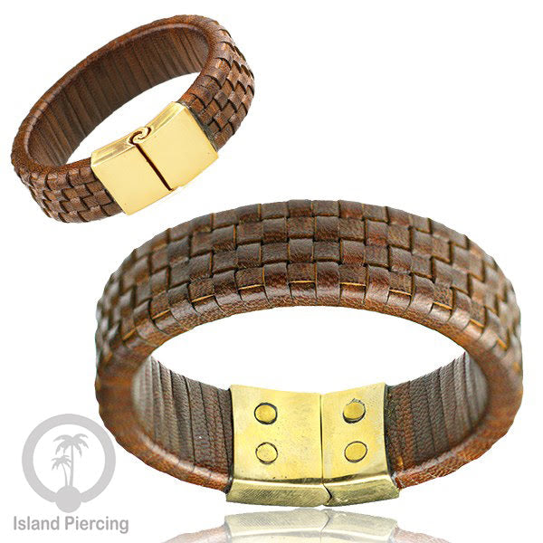 Gelang Tangan Kulit Anyaman dengan Kuningan buatan pakai tangan dari bahan berkualitas