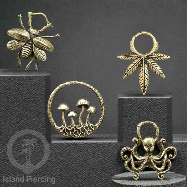 Tindik Ear-clicker Kuningan, motif Ganja, Jamur, Gurita dan Lebah. Brass Body Piercing Jewelry