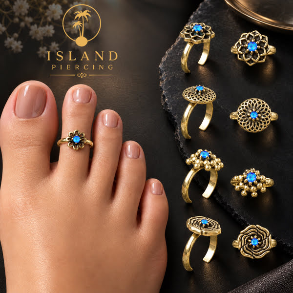 Cincin jari kaki Kuningan dengan Opal biru