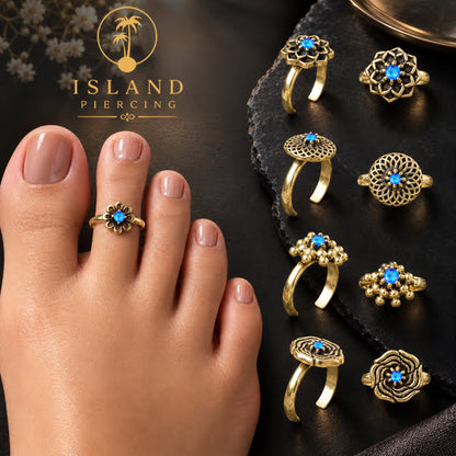 Cincin jari kaki Kuningan dengan Opal biru