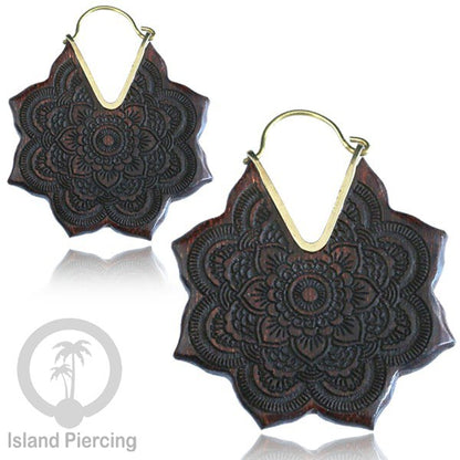 Anting Kayu Mandala &amp; Hamsa dengan kuningan, Mandala &amp; Fatima Hand wood/Brass Earring