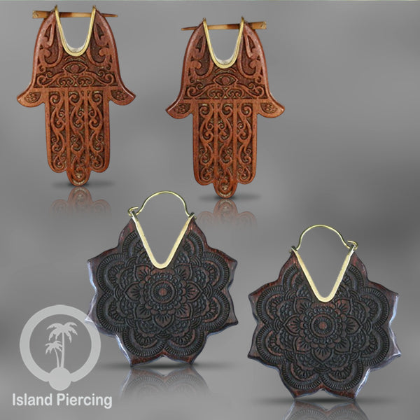 Anting Kayu Mandala &amp; Hamsa dengan kuningan, Mandala &amp; Fatima Hand wood/Brass Earring