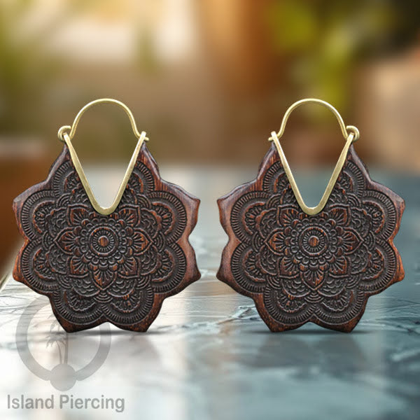 Anting Kayu Mandala &amp; Hamsa dengan kuningan, Mandala &amp; Fatima Hand wood/Brass Earring