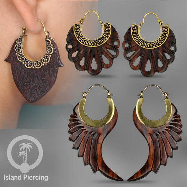 Anting Kayu Ukiran tangan dengan kuningan Hand carved Wood with Brass Earrings