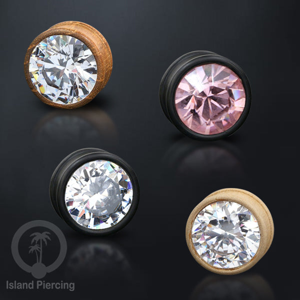 Plug kayu buatan tangan dengan Kristal Zirconia kualitas tinggi, ada Pilihan warna kayu dan warna Kristal