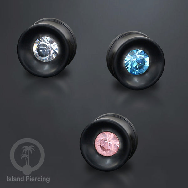 Plug Asli Kayu Arang yang hitam dengan pilihan kristal Ziconia yang warna-warni