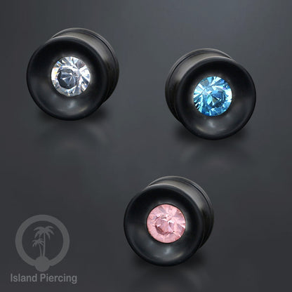 Plug Asli Kayu Arang yang hitam dengan pilihan kristal Ziconia yang warna-warni